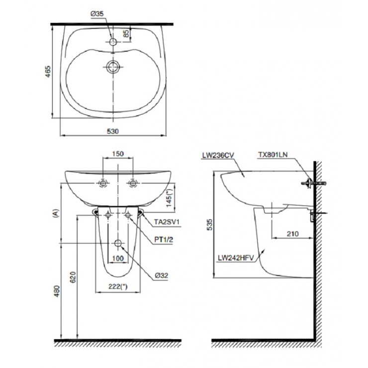 Chậu Rửa Lavabo Chân Lửng Treo Tường TOTO LHT236CS - Ảnh 2