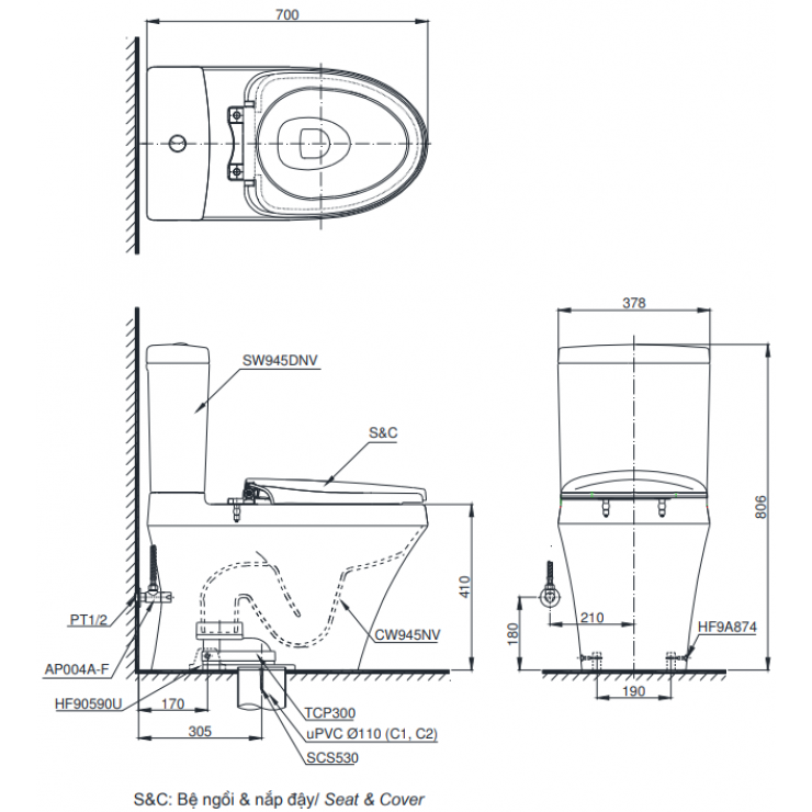Bồn Cầu Hai Khối TOTO CS945DNT8 Nắp TC600VS - Ảnh 2
