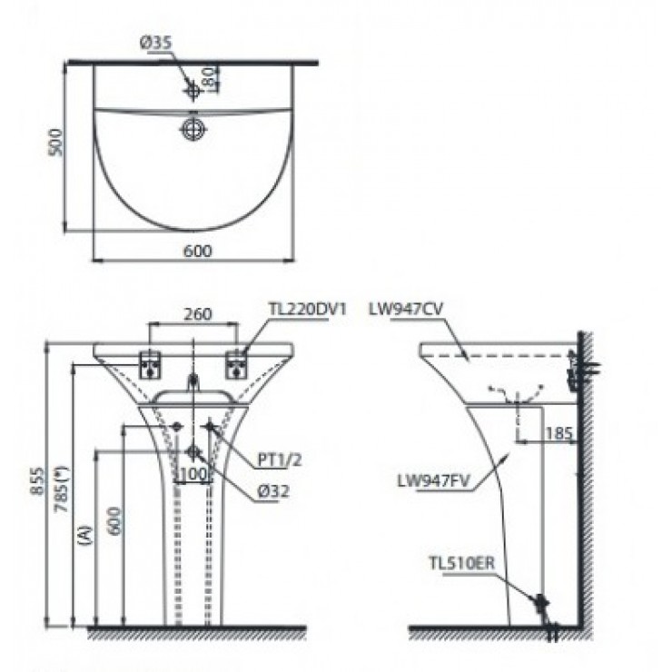 Chậu Lavabo TOTO LPT947CS Treo Tường Chân Dài - Ảnh 2