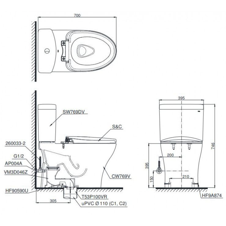 Bồn Cầu Hai Khối TOTO CS769DRT3 (CS769DT3) Nắp TC385VS - Ảnh 2