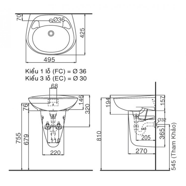 Chậu Rửa Mặt Treo Tường L-284V/L-284VC Chân Chậu - Ảnh 2