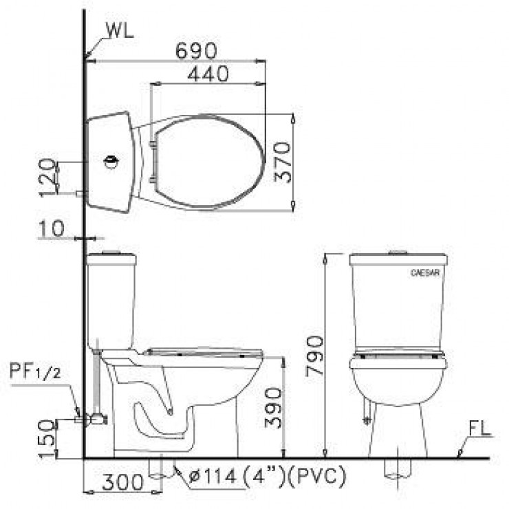 Bồn Cầu CAESAR CTS1325 Thùng T1125 1 Nhấn Nắp Thường