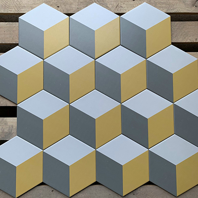 Gạch lục giác đẹp giá rẻ hình lập phương vàng xám 20×23
