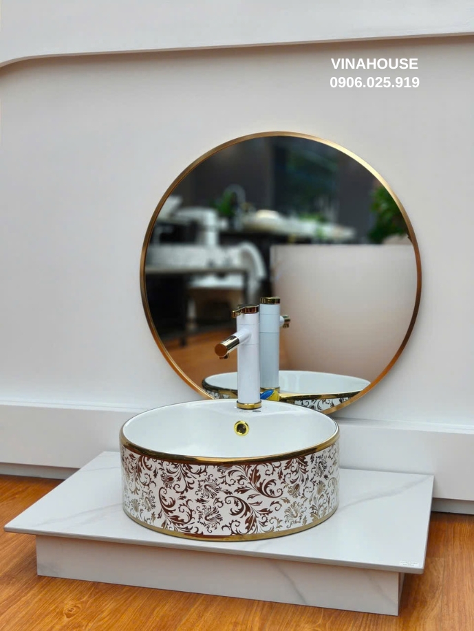 Chậu Lavabo tròn đặt bàn họa tiết vàng