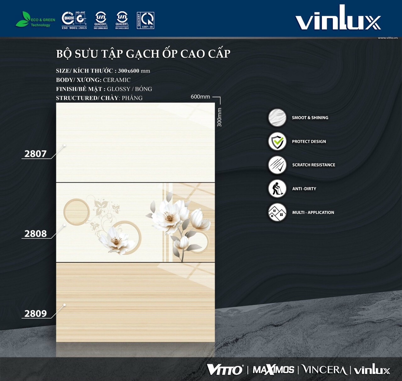 Gạch 30×60 Vulux mã 2807-2809 siêu bóng