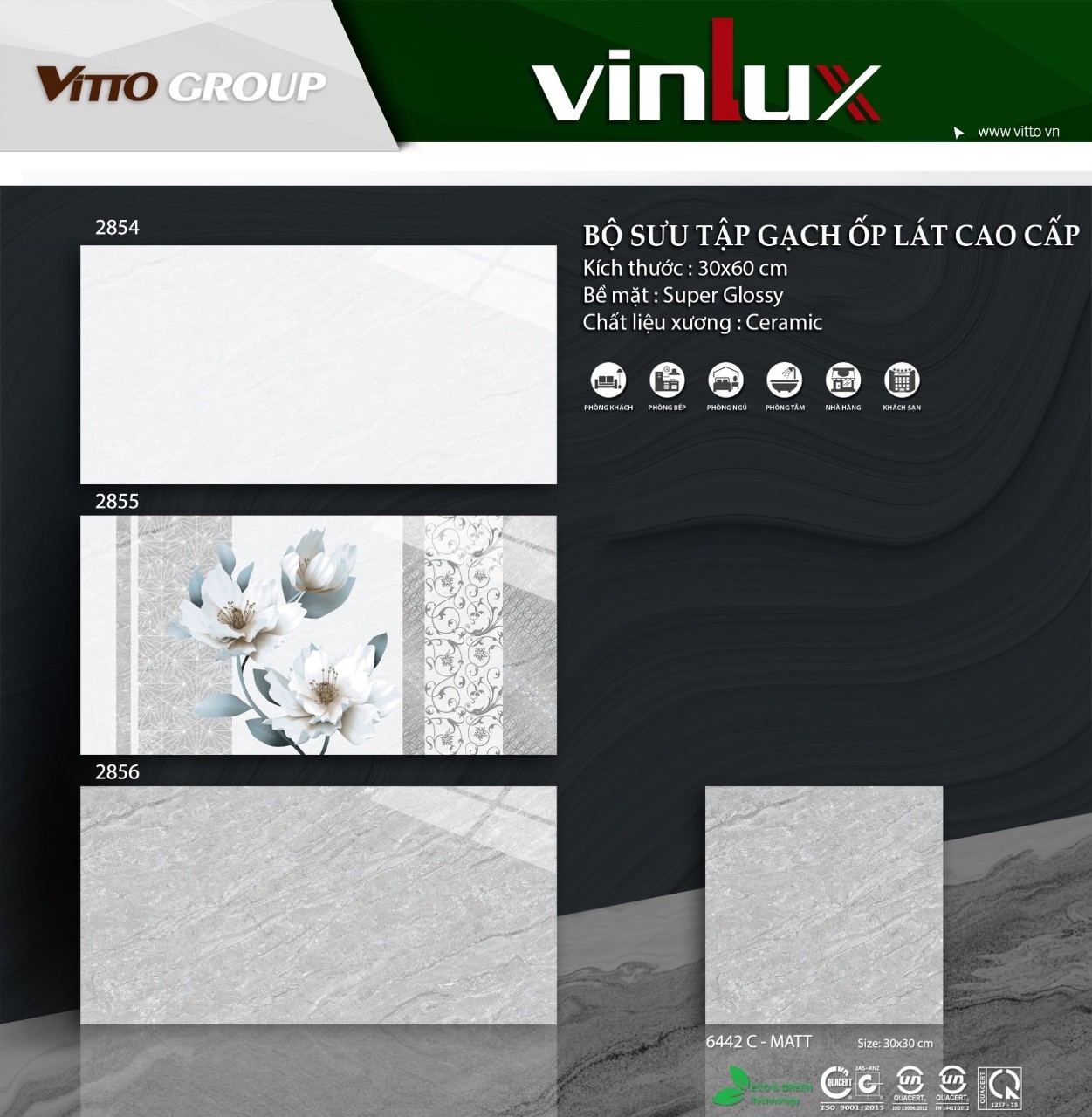 Gạch 30×60 Vinlux mã 2854-2856 siêu mài bóng