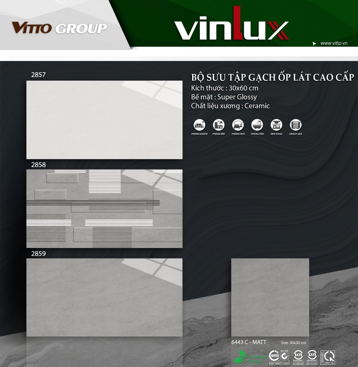 Gạch 30×60 Vinlux mã 2857-2859 siêu mài bóng